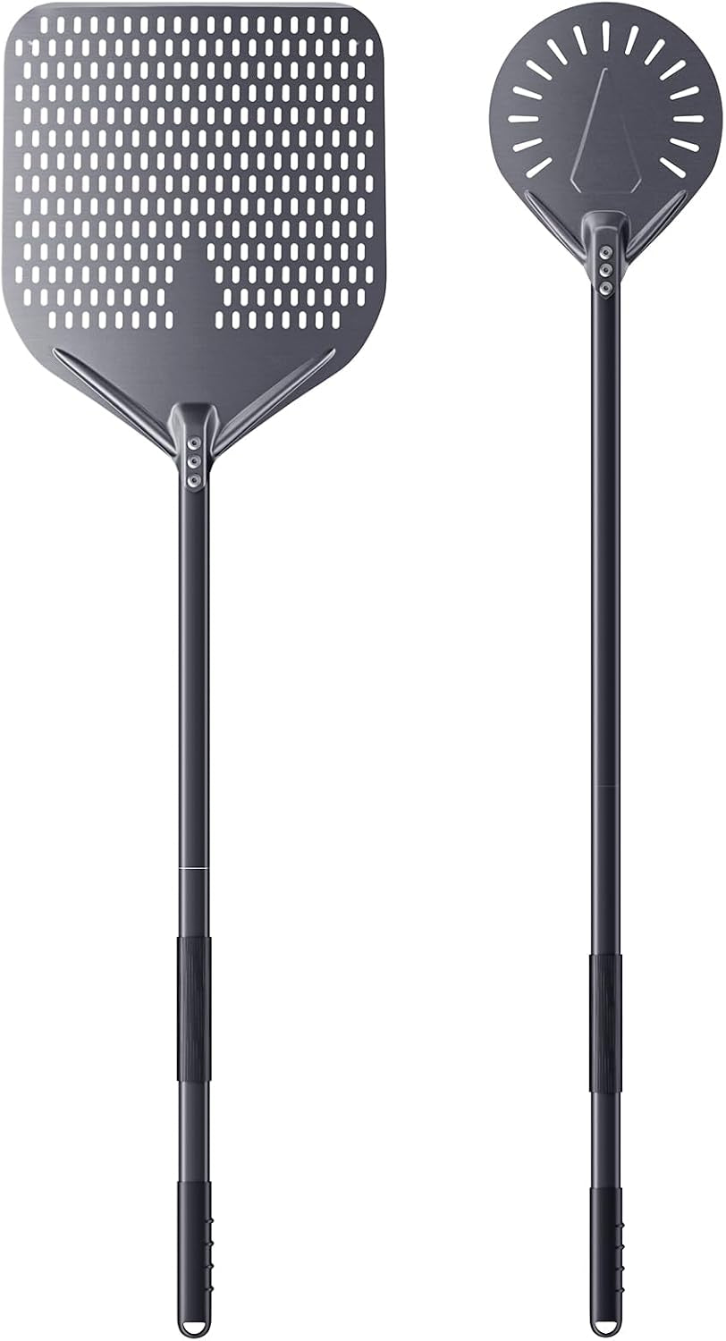 2 Pcs Pizza Peel Set, 14" & 9" Perforated Aluminum Pizza Peel