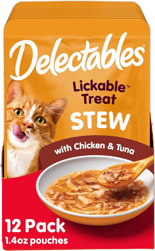 Delectables Lickable Treat Stew Wet Cat Treat with Real Chicken & Tuna, Food Topper, Hydrating, Grain-Free, No Fillers, No By-Products, No Added Preservatives, 1.4Oz Pouch, 12Ct