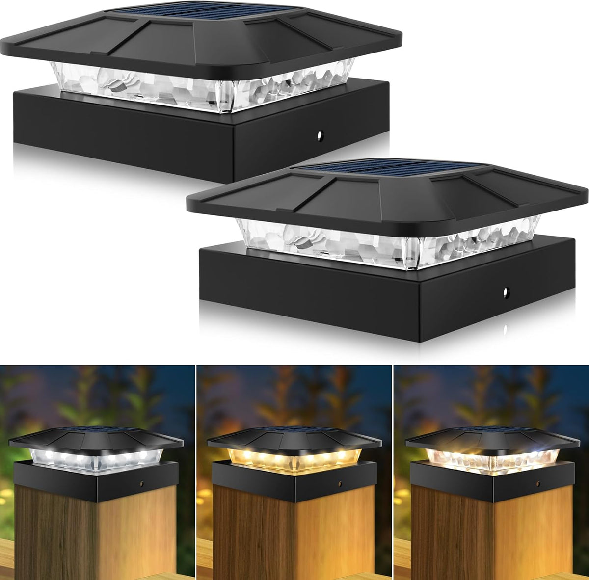 Peasur 4X4 Solar Post Cap Lights Outdoor with 3 Lighting Modes, 2 Packs LED Post Light Solar Powered Waterproof, Fence Deck Lights for 4×4/3.5×3.5 Wood/Vinyl Posts