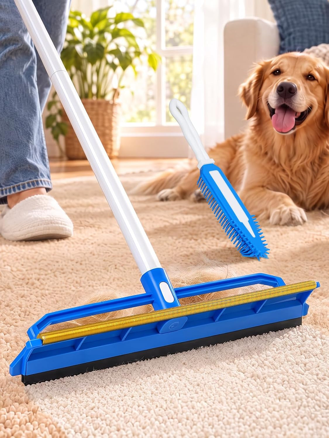 Topmart Carpet Rake for Pet Hair Remover, 2-In-1 Reusable Carpet Scraper