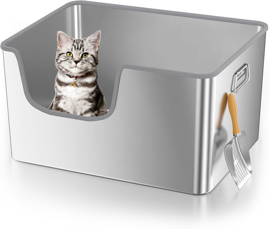 13.7" High Side Stainless Steel Cat Litter Box,Leak Proof Metal Cat Litter Box for Big & Multiple Cats,Xxl Pet Toilet Non-Sticky,Non-Slip,No Sharp Edges,Easy Cleaning(Front Entry)
