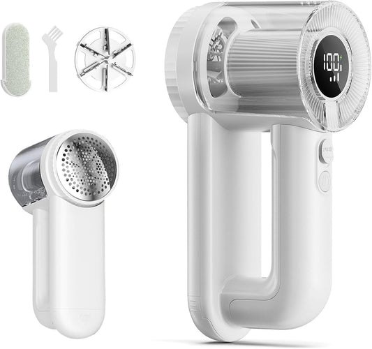 Fabric Shaver Rechargeable，Electric Lint Remover for Clothes and Furniture, Portable Sweater Defuzzer with LED Display & Type-C Fast Charging Port (White)