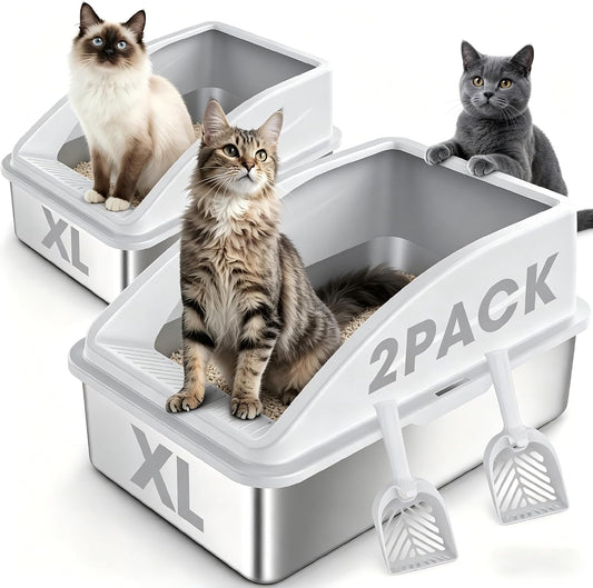 2 Pack Stainless Steel Litter Box | XL Enclosed Cat Litter Boxes with Lid for Big Cats and Multi-Cats | High Sided, Anti-Urine Leakage | Non-Stick Bottom（Ivory White）