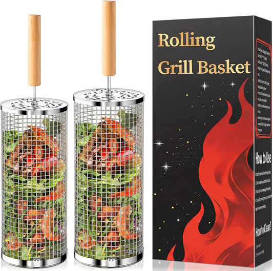 Rolling Grill Basket, Birthday Gift for Men, Removable Wooden Handle, 304 Stainless Steel, Nesting BBQ Tools for Vegetable, Outdoor Smoker Cooking Camping Accessories, Ideal Gifts for Men Dad Husband