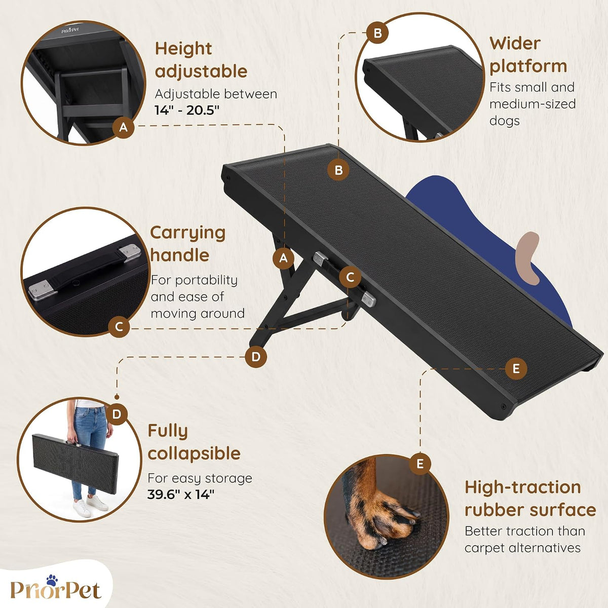 Dog Ramp for Couch – Non-Slip, Sturdy Build Foldable Wooden Dog Ramp – Supports up to 200 Lbs – 7 Adjustable Heights (14" – 20.5") – Enhanced Stability – Birchwood Pet Ramp for Small Dogs – Black