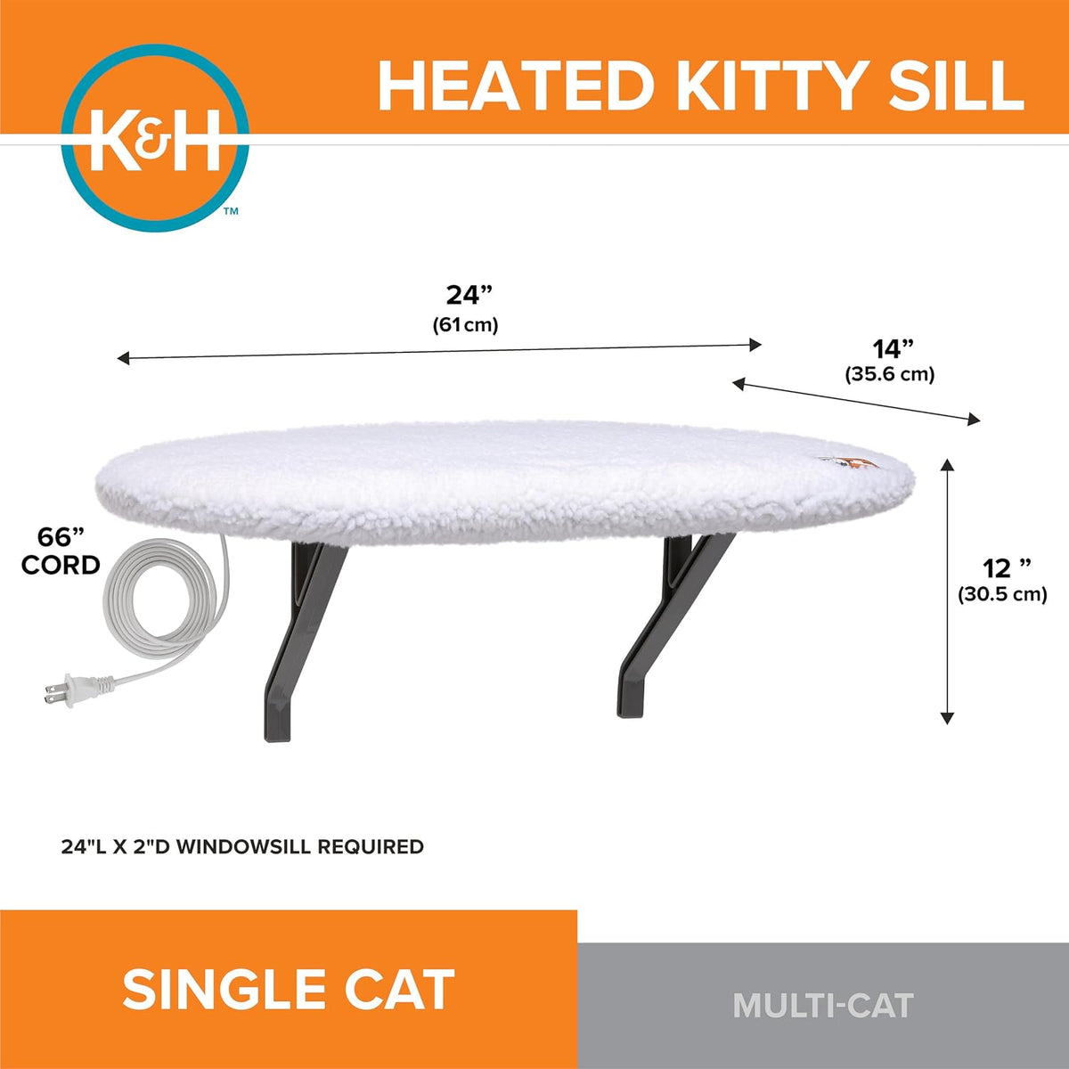 K&H Cat Window Perch, Heated Kitty Sill, Safety Listed, 24X14In, Fleece