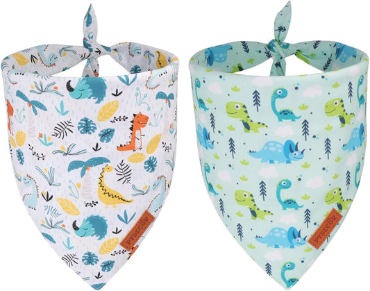 PTDECOR Dinosaurs Dog Bandana, White Green Cute Dinosaurs Pet Scarf, Large