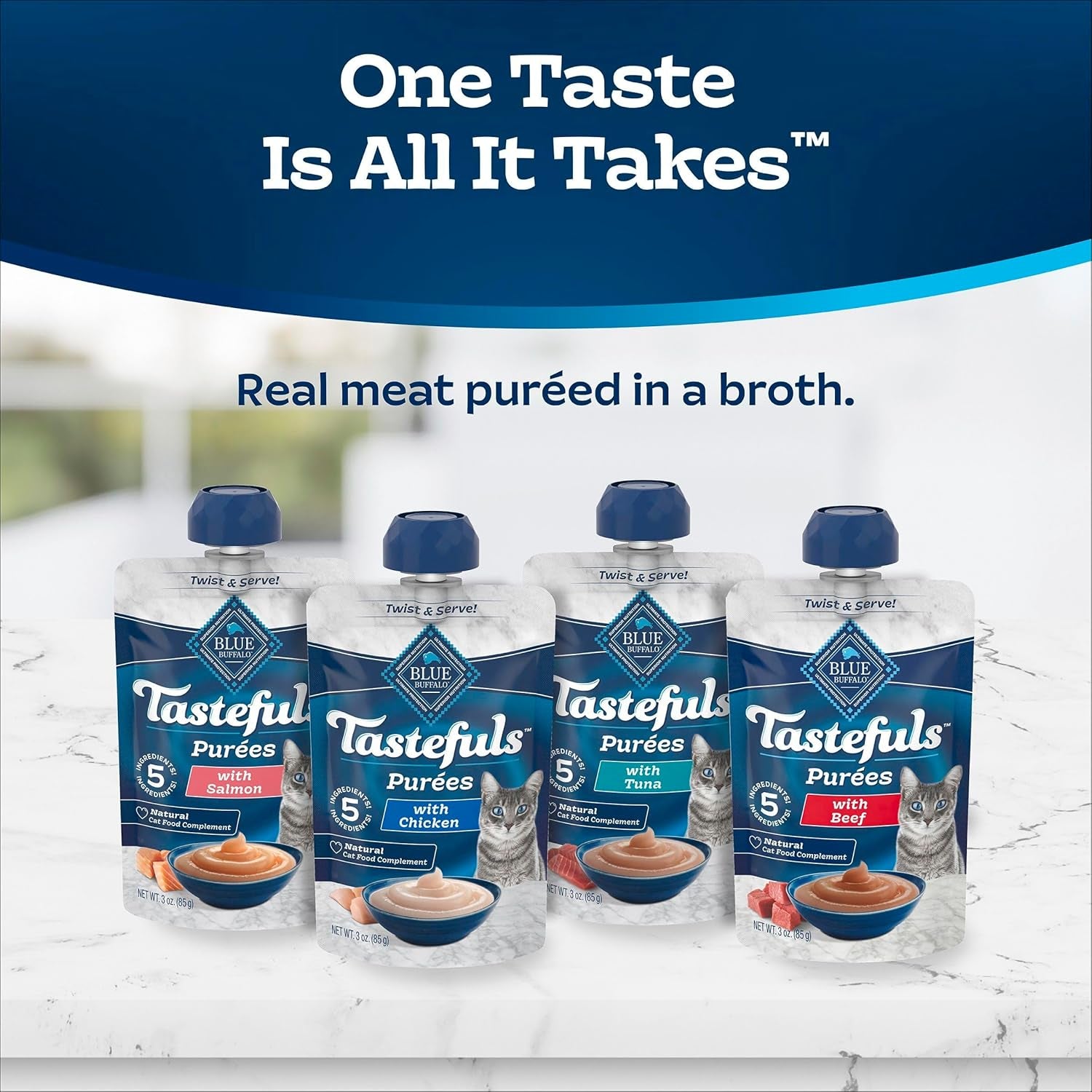 Blue Buffalo Tastefuls Purées Natural Cat Food Complement with 5 Ingredients, Chicken, Tuna, Beef, 3-Oz Resealable Pouches, 12-Ct Variety Pack