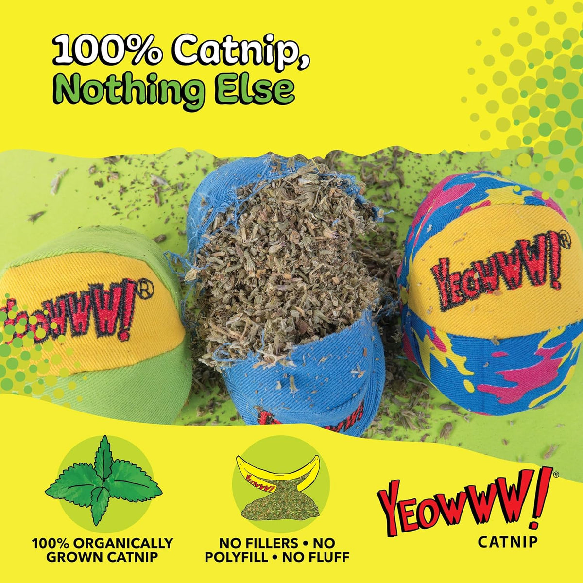 Yeowww! Catnip My Cats Balls Toys for Cats - 3-Pack - Durable Cotton Twill - Made in the USA - Stuffed with Organically Grown Catnip