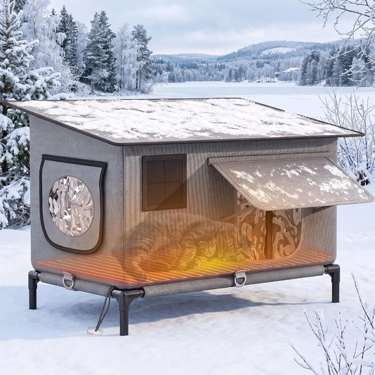 DWVO 23.6In Heated Cat House with Heated Pad for Outdoor in Winter, Grey