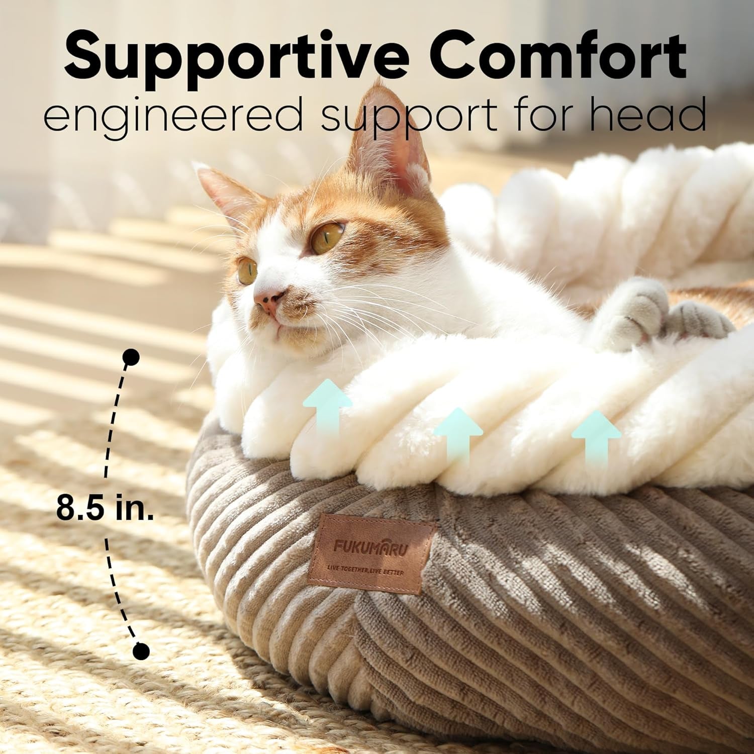 FUKUMARU Cat Bed, Calming Donut Dog Beds, Plush Faux Fur&Corduroy Kitten Beds, Cute round Washable Pet Bed for Large Cats and Puppy, Cat Cave with Anti-Slip Bottom, 21Inch, Camel