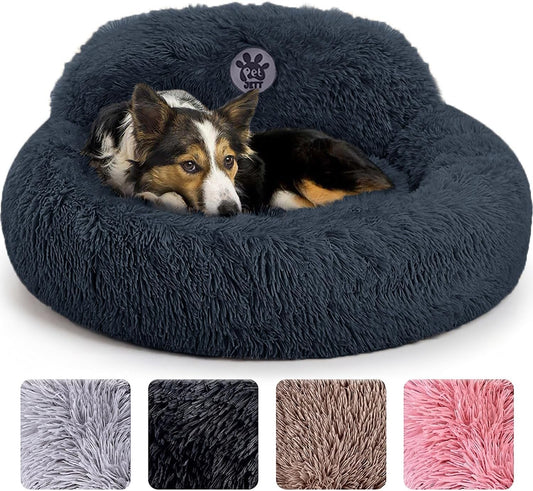Petjett Calming Dog Bed Medium Size Dog - 30'' Donut Bed, Washable Dog Bed, Anti-Slip & Super Soft Fluffy Plush round Dog Bed, Anti-Anxiety Premium Comfort Pet Bed, Fits Dogs Upto 45 Lbs - Dark Grey