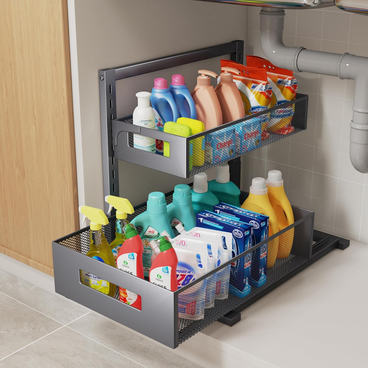 Petiza under Sink Organizer Pull Out Cabinet Organizer Adjustable Height 2 Tier with Sliding Drawers Kitchen Bathroom Organizer and Storage(Gray-1Pc)