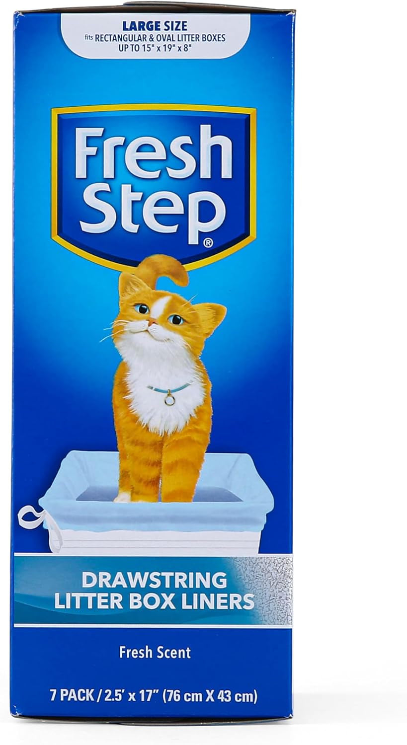 Fresh Step Drawstring Cat Litter Box Liners, Scented Heavy Duty Kitty Litter Bags for Large Oval or Rectangle Pans, Helps Contain Odor and Mess, Easy Lift Out Cleanup, 2.5 Ft X 17 In, 7 Count