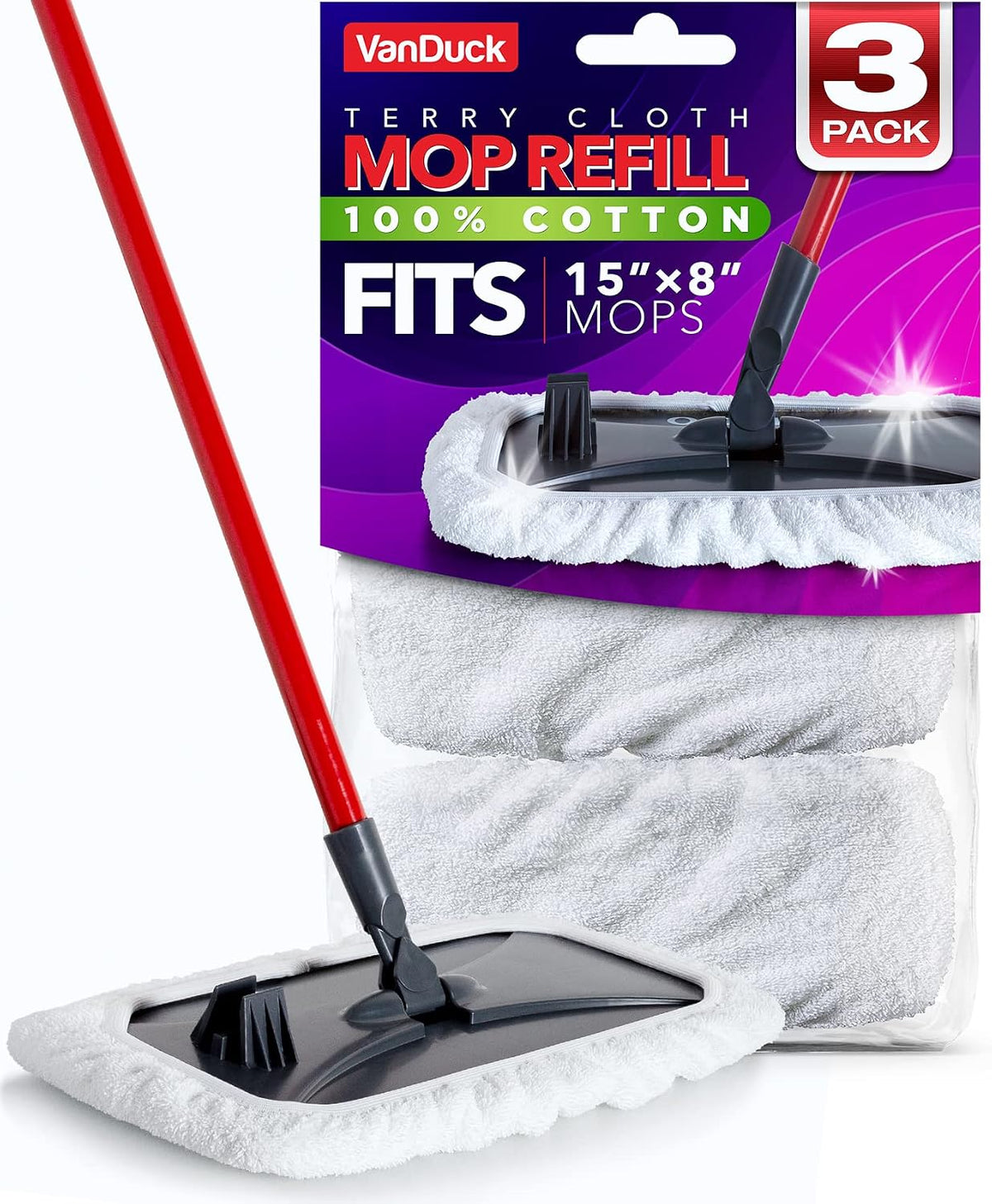 Vanduck 100% Cotton Terry Mop Pads 15X8 Inches, 3-Pack (Mop Not Included)