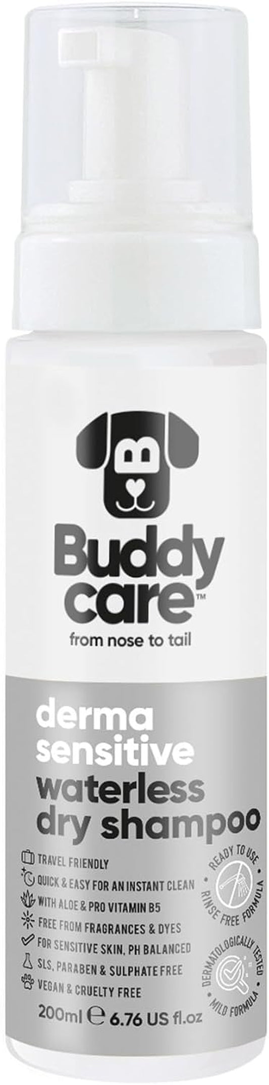 Buddycare Derma Sensitive Waterless Dry Dog Shampoo for Dogs - No Rinse, Fragrance Free Formula for Sensitive Skin - with Aloe & Pro Vitamin B5 - Ph Balanced, SLS & Paraben Free, Vegan & Cruelty Free