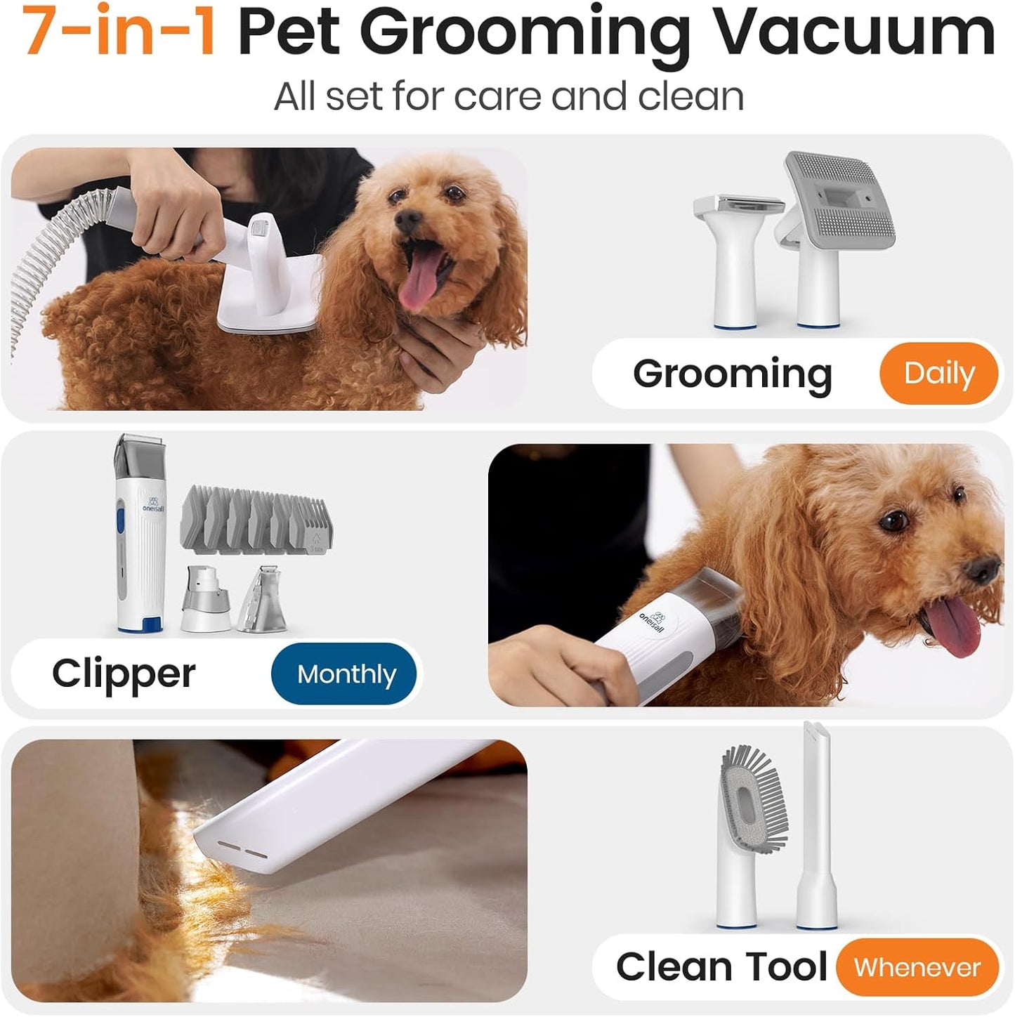 Oneisall Dog Grooming Vacuum, Pet Grooming Vacuum with Clipper Nail Grinder, 1.5L Dust Cup Dog Deshedding Brush with 7 Tools for Shedding Pet Hair, Home Cleaning(Blue)