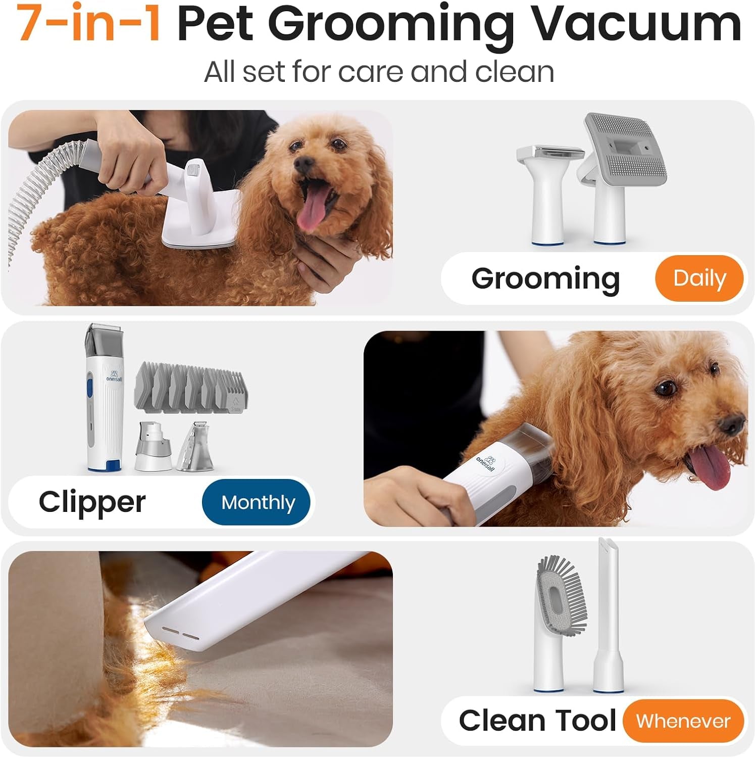Oneisall Dog Grooming Vacuum, Pet Grooming Vacuum with Clipper Nail Grinder, 1.5L Dust Cup Dog Deshedding Brush with 7 Tools for Shedding Pet Hair, Home Cleaning(Blue)