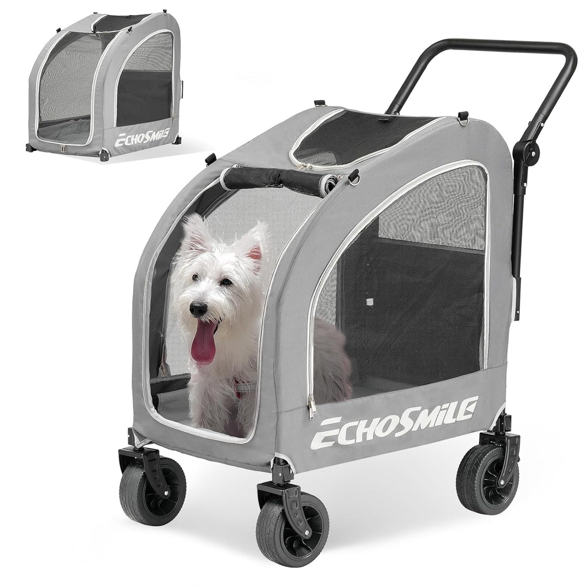 Echosmile 4-Wheel Pet Stroller for Dogs & Cats, up to 135 Lbs, Grey