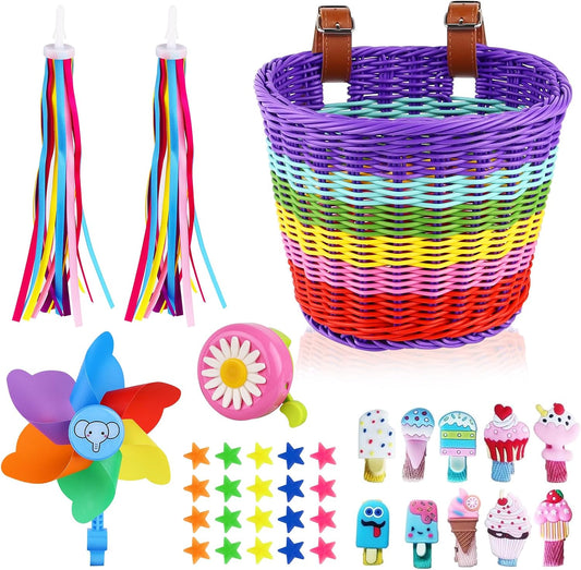 Kids Bike Basket, Detachable Bike Basket for Girls with Colorful Bicycle Streamers, Bicycle Bell, Windmill, Wheel Beads