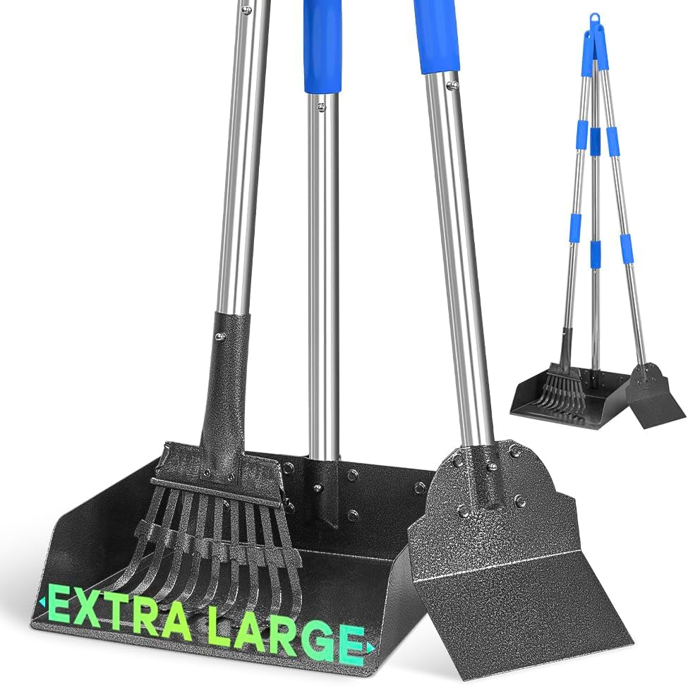 Metal Pooper Scooper for Dogs Heavy Duty Long Handle Rake, Spade & XL Tray