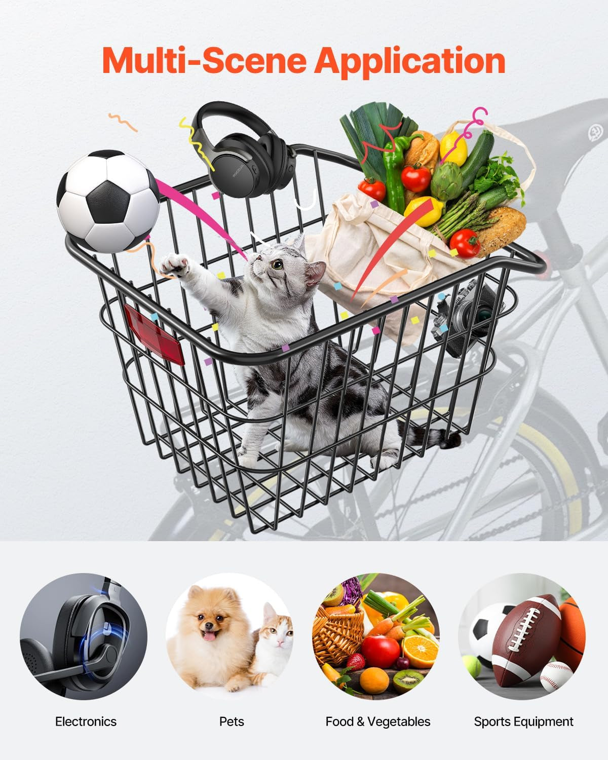 VEVOR Rear Bike Basket, Metal Wire Bicycle Basket with Reflective Tail Light & Waterproof Cover, Durable Bike Back Basket, Fits to Most Rear Bike Racks