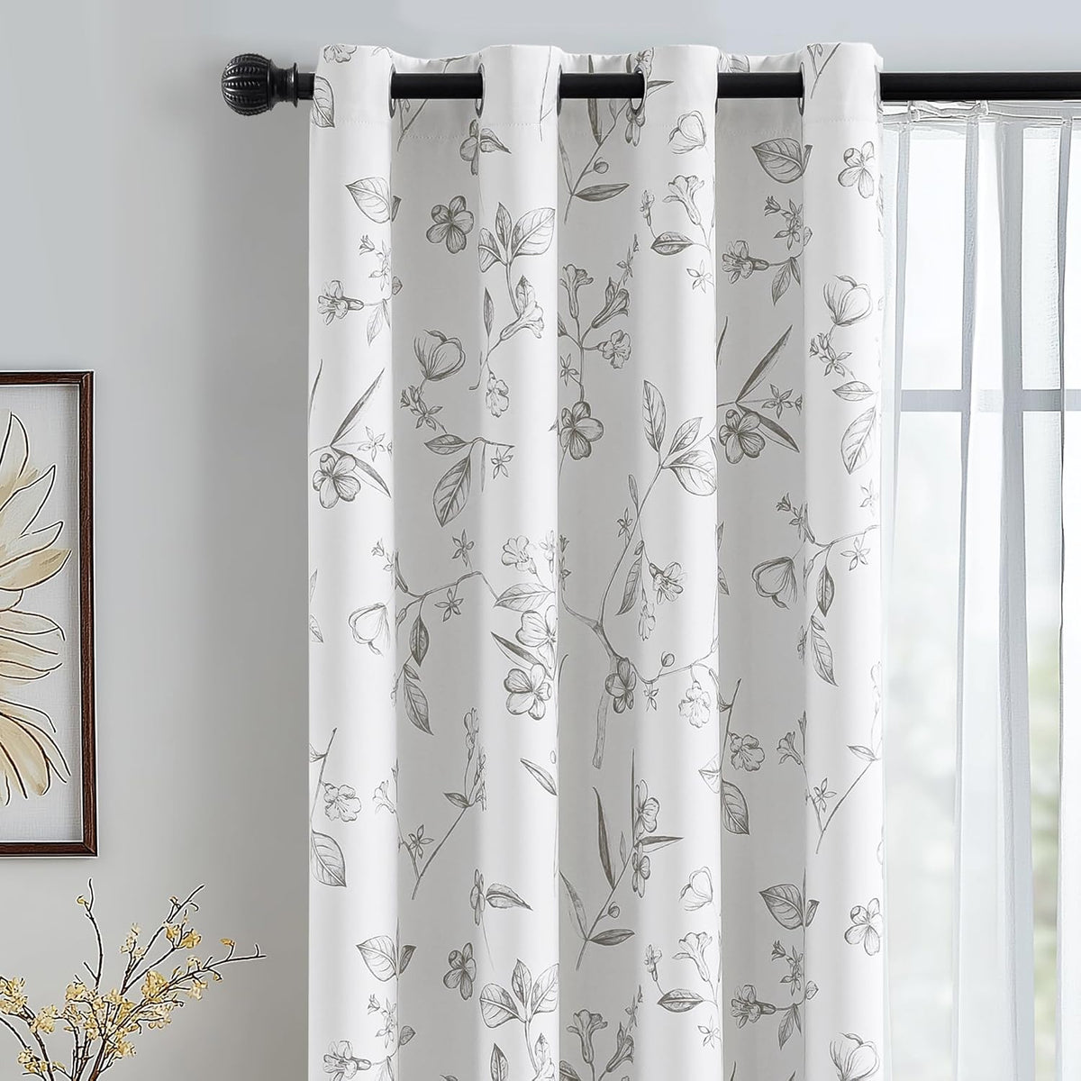 Chrisdowa 100% Grey Blackout Floral Curtains 84 Inches Long 2 Panels
