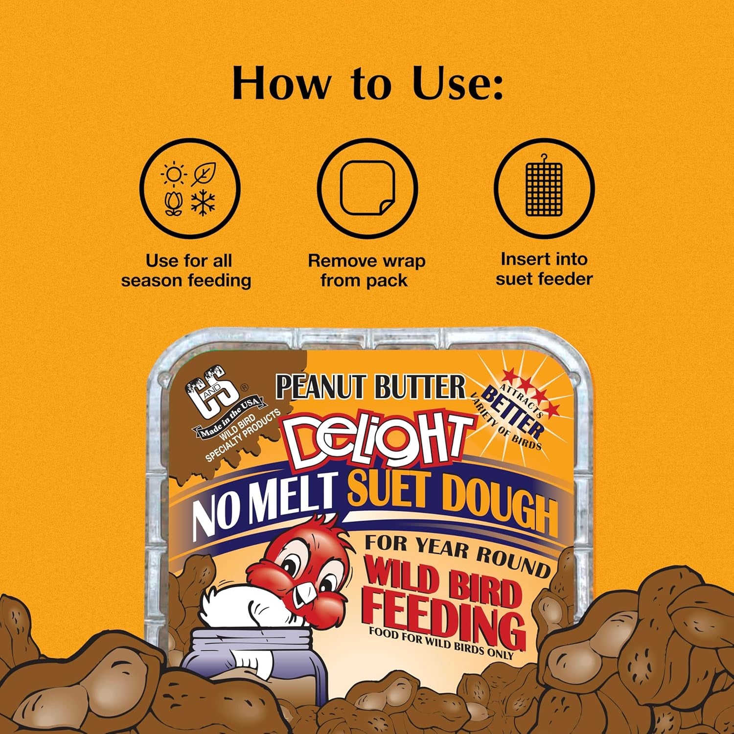 C&S Peanut Butter Delight No Melt Suet Dough, Suet Cakes for Wild Birds Including Wrens, Woodpeckers, Cardinals, Songbirds, Jays and More, 8 Pack