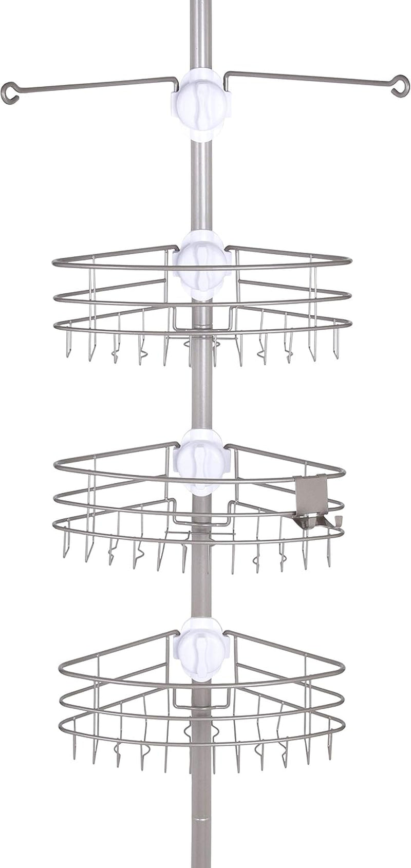 Kenney KN614128 Easy Slide Adjustable Height (6' 9"-9') Spring Tension Metal Corner Pole Shower Caddy with 3 Adjustable Rust-Resistant Basket Shelves, Towel Bars, and Razor Holders, Brushed Nickel
