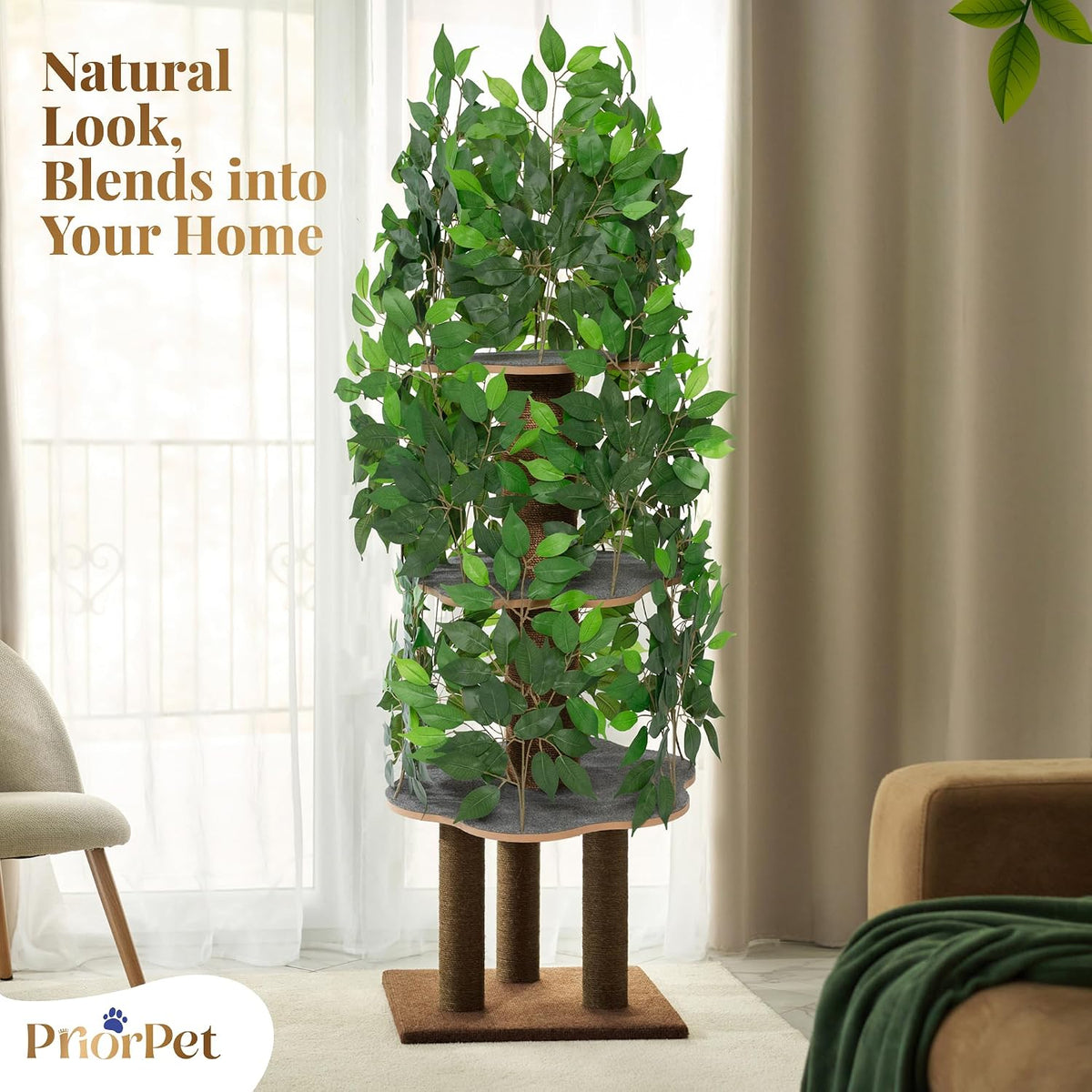 Cat Tree with Leaves – Stable & Space-Saving Design – 4 Scratch Levels & 5 Scratching Posts – for Climbing, Hiding and Sleeping – Easy to Assemble – Durable Cat Trees for Indoor Cats – Natural Look