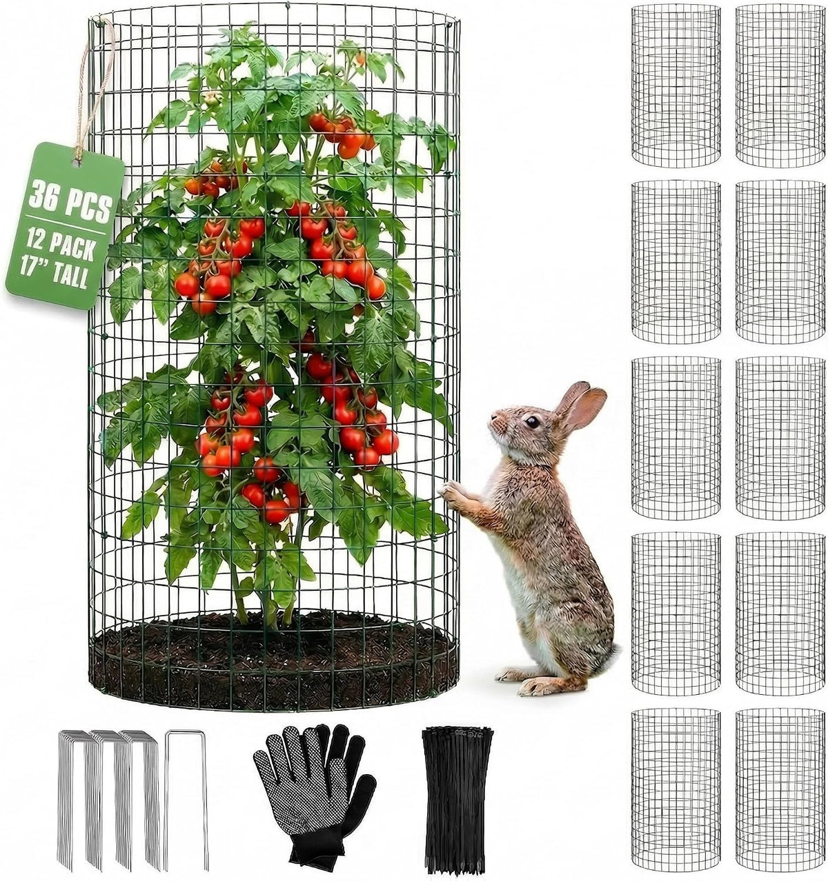 12 Pack 17" X 12" Tall round Plant Cage - 36PCS Plant Support Cage Metal Wire Mesh Plant Protector for Outdoor Gardening Supplies Garden Protection Rabbits Chickens Ducks for Vegetables Flowers Shrubs