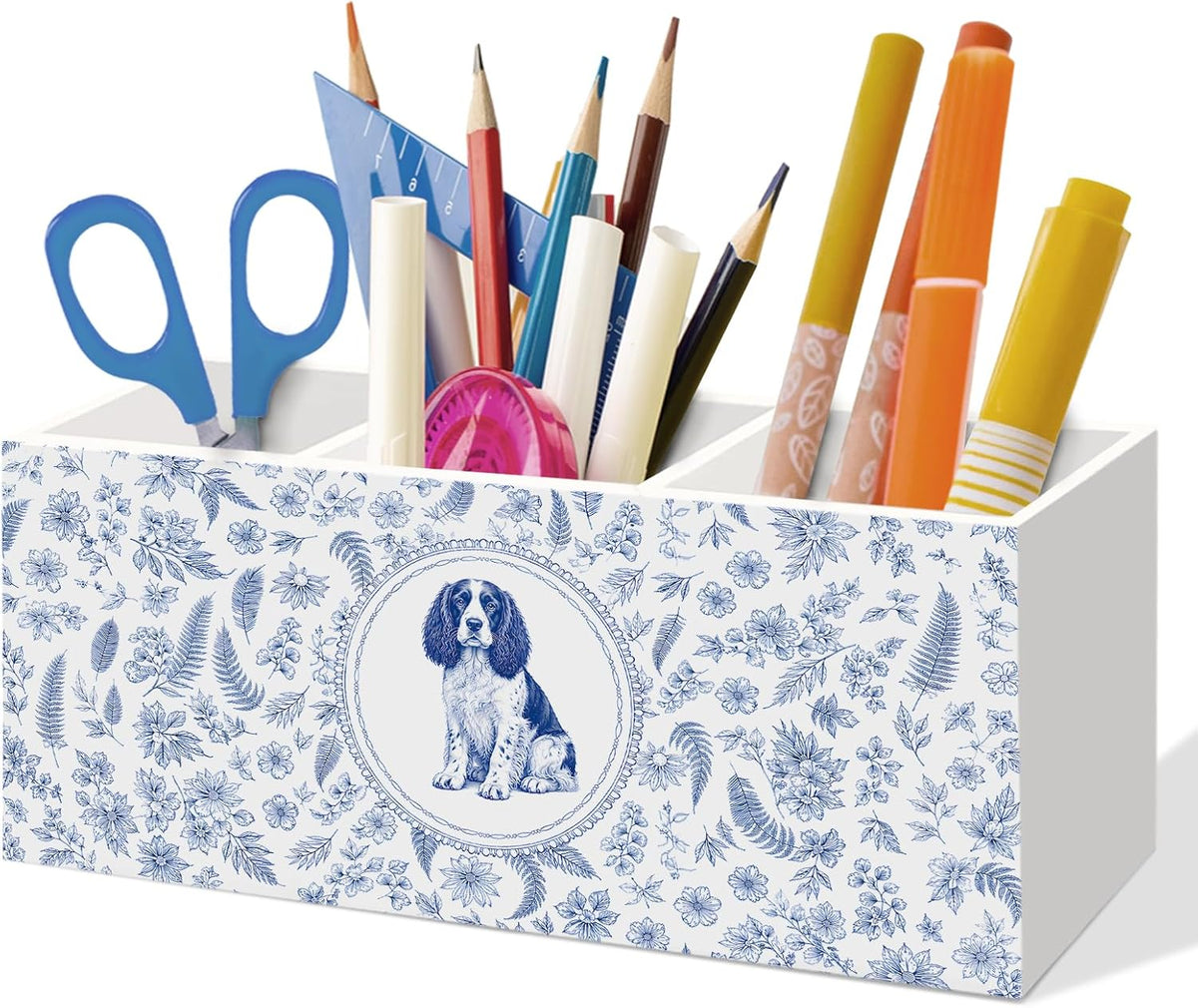Cocker Spaniel Dog Lover Gifts Pen Holder for Home Office Desk, Chinoiserie Dog Room Decor, Blue Cocker Spaniel Dogs Floral Makeup Brush Toothbrush Holder Organizer for Home Office Bedroom