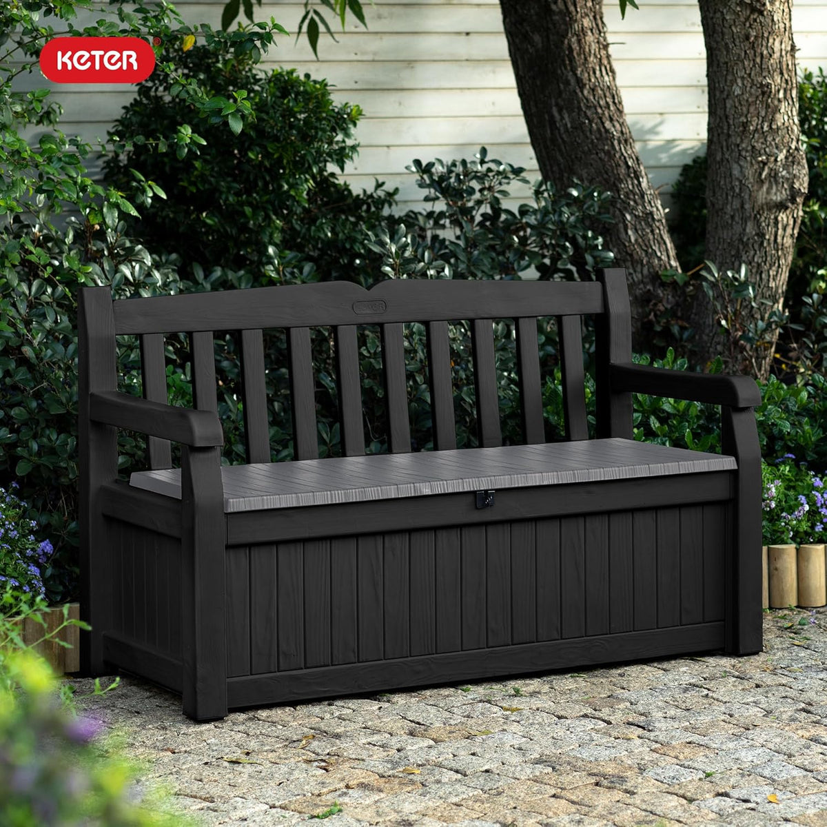 Keter Solana 70 Gal Outdoor Storage Bench for Patio and Pool Accessories