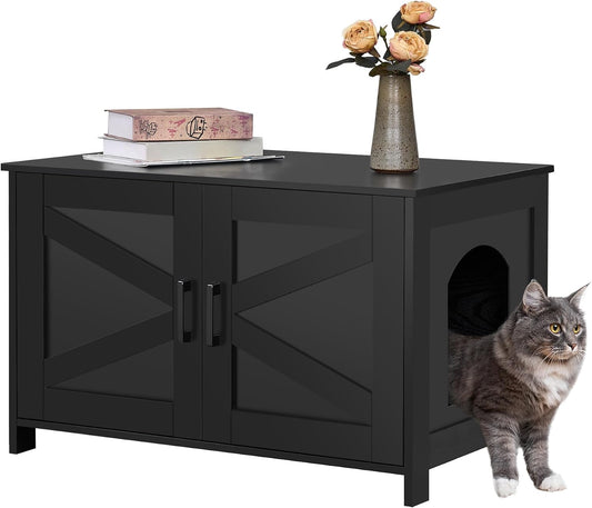 Homhedy 31.5" L Cat Litter Box Enclosure with Barn Door, Black