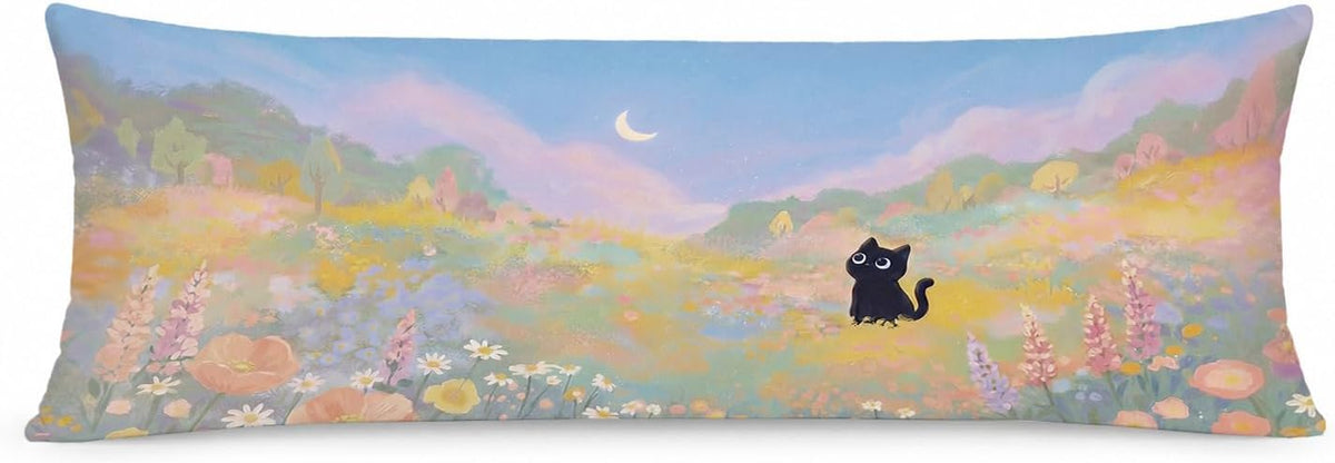 Floral Black Cat 20X54 Body Pillow Cover, Cat Lover Mom Lady Gifts, Whimsical Pastel Wildflower Meadow Kitten Decorative Long Body Pillow Cases for Bed Couch