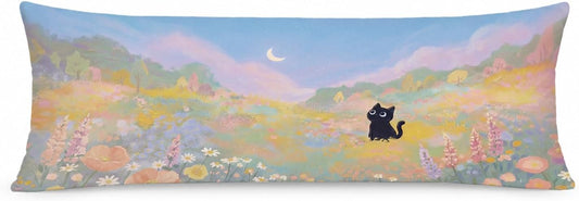 Floral Black Cat 20X54 Body Pillow Cover, Cat Lover Mom Lady Gifts, Whimsical Pastel Wildflower Meadow Kitten Decorative Long Body Pillow Cases for Bed Couch