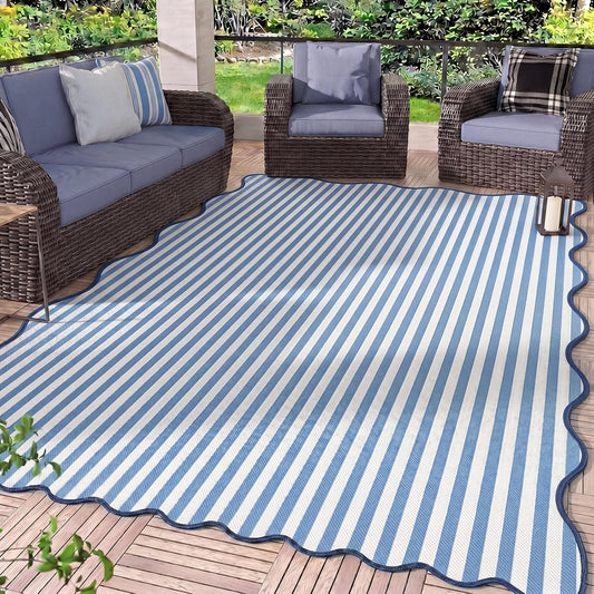 Blue Scalloped Outdoor Plastic Straw Rugs 5X8 Ft Reversible Camping Rug Waterproof Striped Patio UV Resistant Mat Foldable Indoor Outdoor for outside Beach Pool Patio Backyard Deck