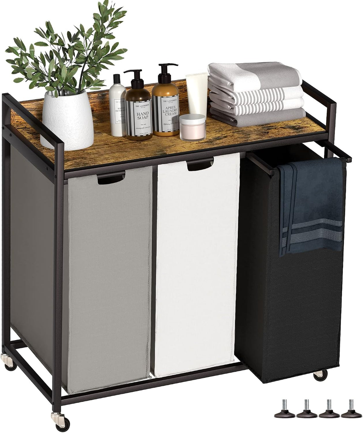 Herture Laundry Hampers with Shelf, Laundry Basket 3 Section, Laundry Sorter with Pull-Out Removable Large 3 Color Bags and Movable Wheels, Metal Frame, 3 X 15.87 Gallons (60L), Rustic Brown PF04XLN