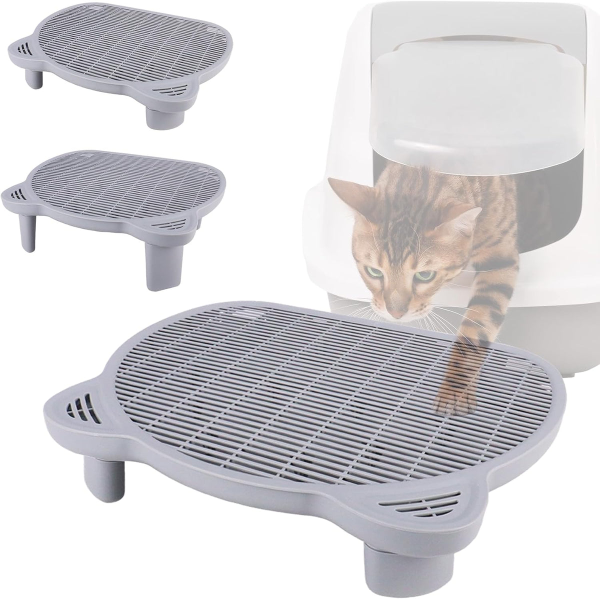 Cat Litter Box Step, 20.1"X 16"X 6" Dual-Layer Litter Trapping Ramp for Senior and Kittens, 2 Stool Heights, Protects Floors from Urine Messes(Grey)