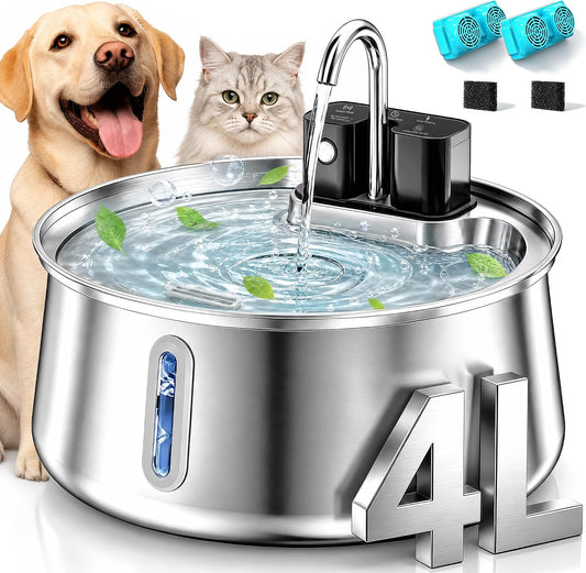 Selene Wireless Dog Water Fountain, 4L Stainless Steel Dog Water Fountain with Visual Water Level, Super Quiet Dog Water Bowl, 5-Stage Filtration Pet Water Dispenser, Easy to Clean - 4L