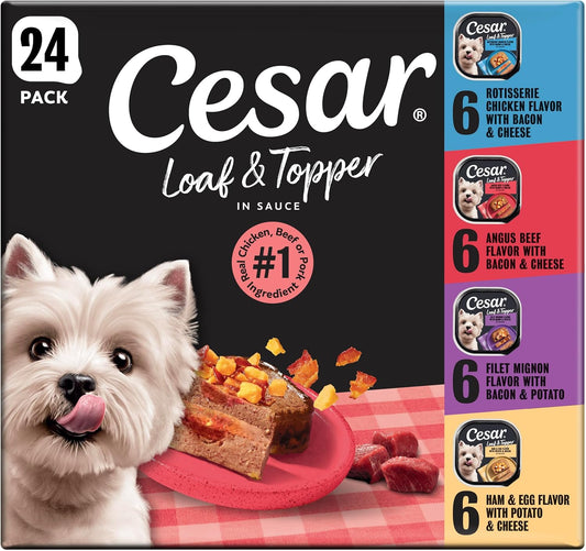 Cesar Loaf & Topper Wet Dog Food, Variety Pack, 3.5 Oz, 24 Count