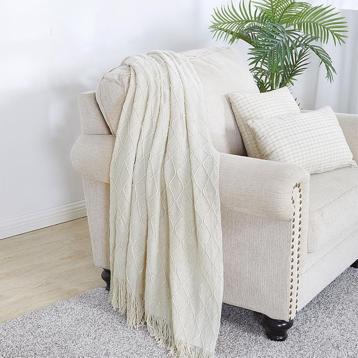BOURINA Beige Throw Blanket 50X60 Inches Throw Textured Solid Soft Sofa Couch Decorative Knit Blanket