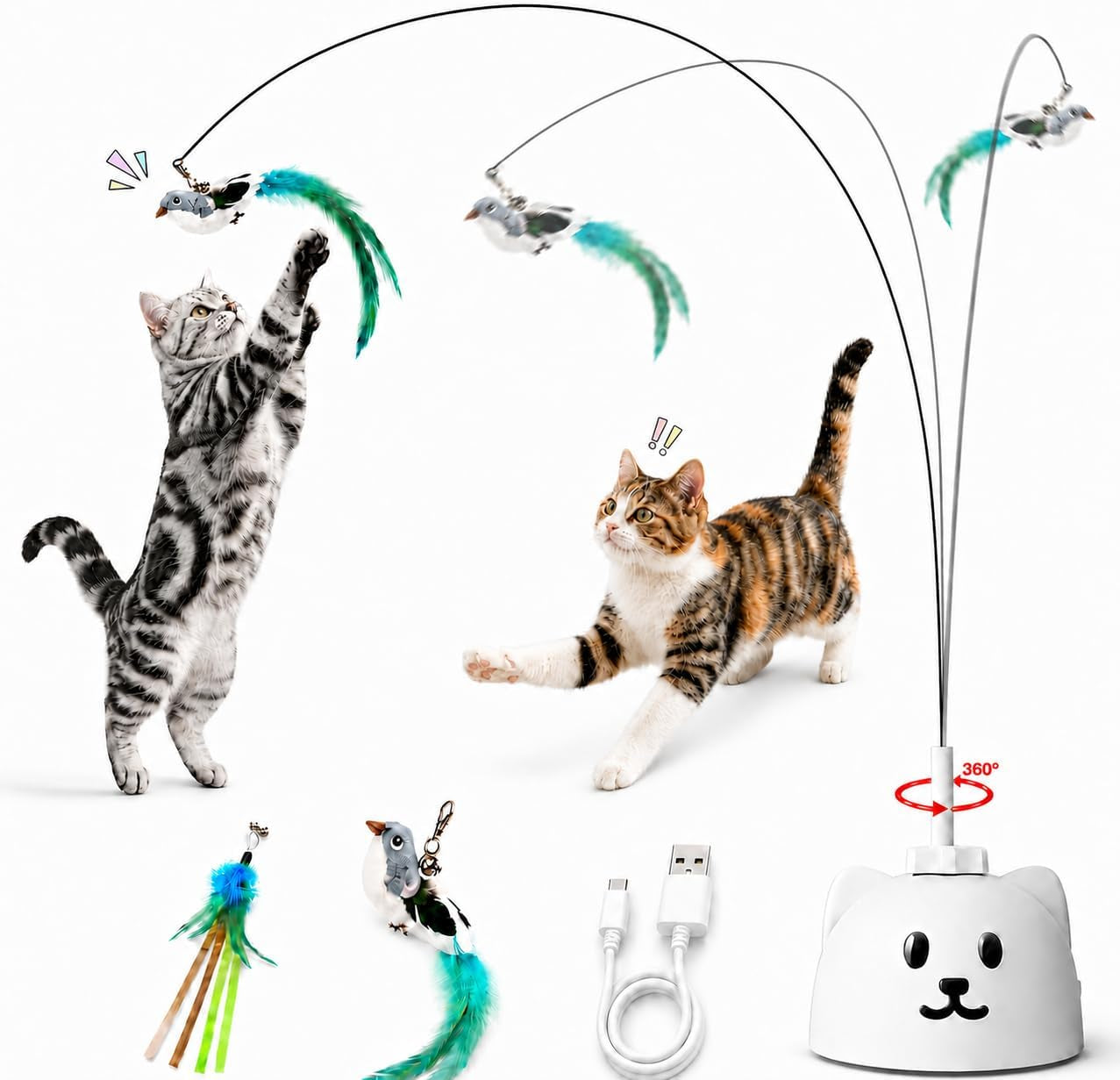 Interactive Cat Toys for Indoor Cats, Automatic Flying Bird Cat Toy with 360° Feather Wand, Strong 8Cm Suction Cup, USB Rechargeable Self-Play Cat Toy for Bored Kittens & Adult Cats