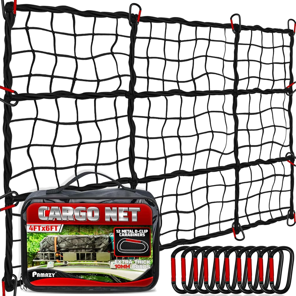 4'X6' Cargo Net for Pickup Truck Bed Stretch to 8'X12' Heavy-Duty 10Mm Bed Net