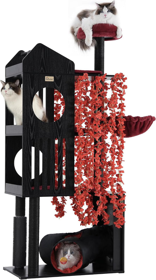 Gothic Cat Tree with Leaves, 67" Tall Cat Tower, Anti-Tip Kit