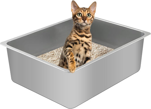 Stainless Steel Cat Litter Box, Metal High Sided Kitty Large Litter Box Pan,Non-Sticky, Easy to Clean, Pet Toilet Supplies for Kitten, Rabbit (Silver, 17.7" X13.8" X6")