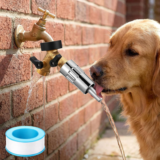 Realspring 3/4" Automatic Dog Water Dispenser with 2 Way Hose Splitter, Outdoor Dog Water Fountain Hose Spigot Attachment, Fits Garden Faucet for Large Dogs & Livestock, Anti-Leak Tape Included