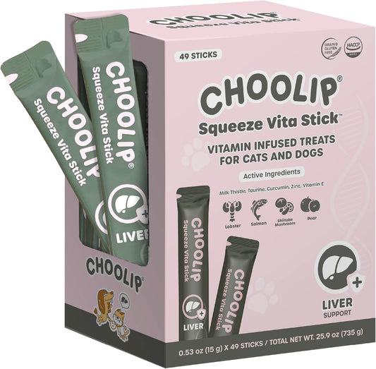 Choolip Squeeze Vita Stick Lickable Cat and Dog Treats, 49-Count Liver Support Variety Pack, Salmon and Lobster with Milk Thistle, Coq10 and Vitamin E