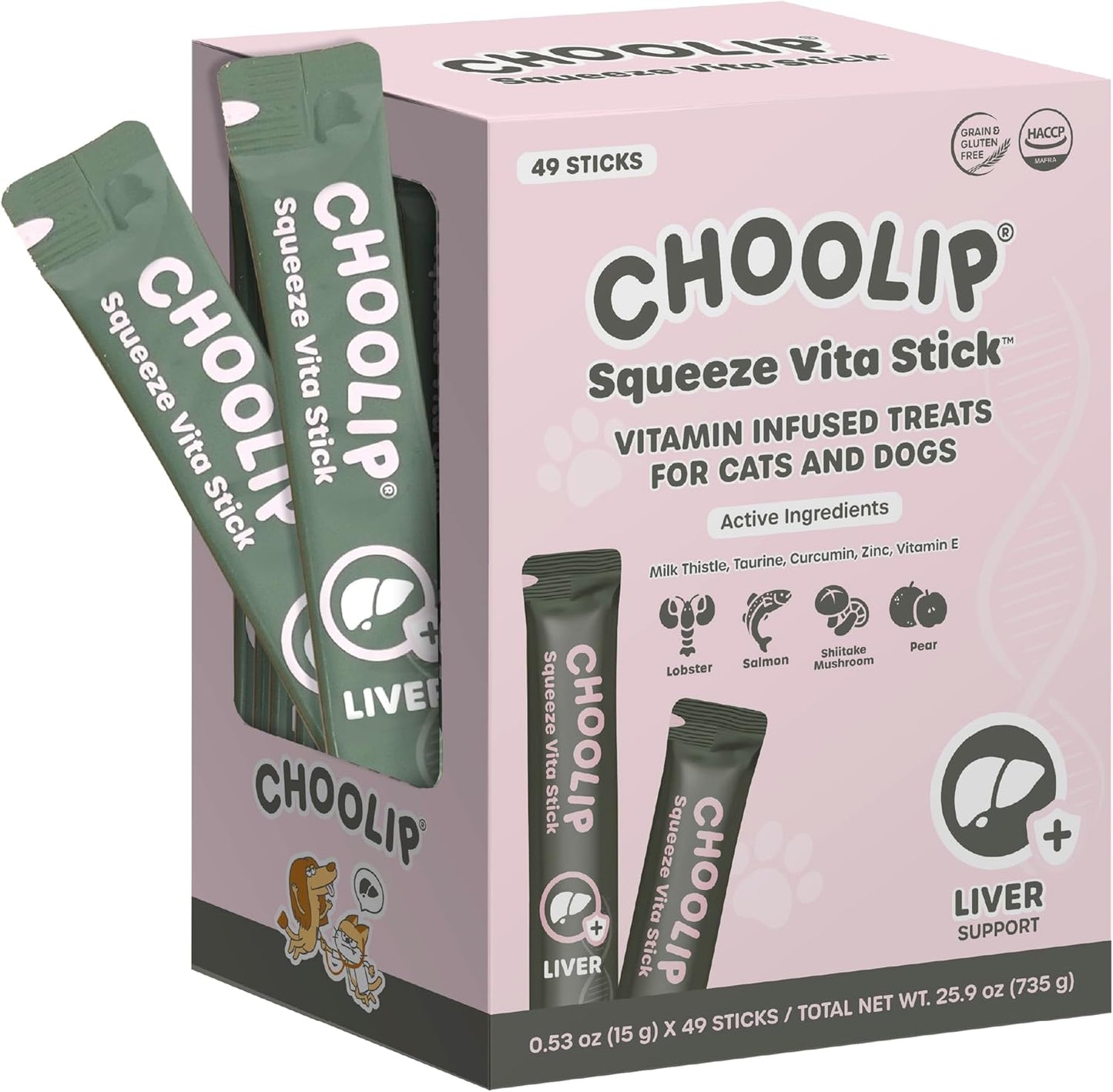 Choolip Squeeze Vita Stick Lickable Cat and Dog Treats, 49-Count Liver Support Variety Pack, Salmon and Lobster with Milk Thistle, Coq10 and Vitamin E