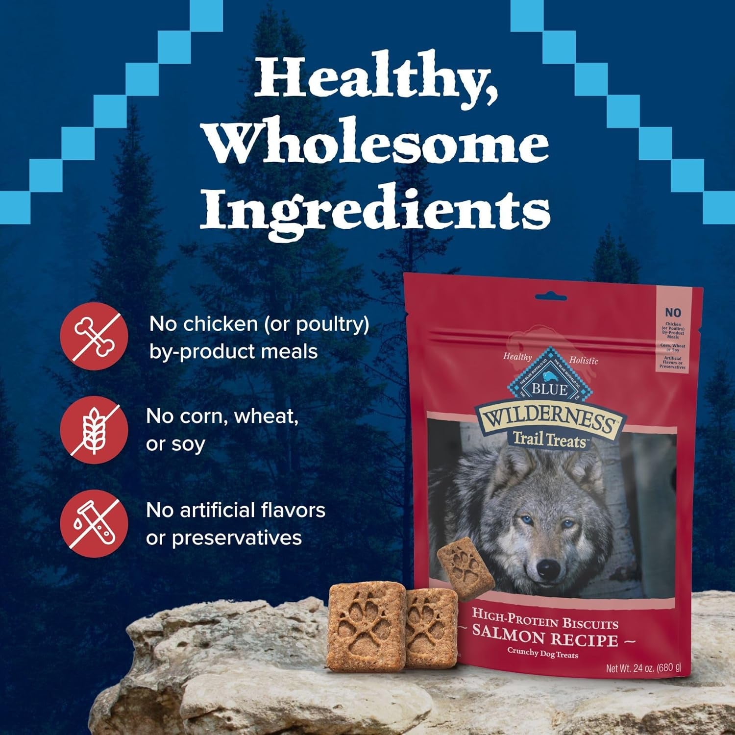 Blue Buffalo Wilderness Trail Treats Crunchy Dog Biscuits, Grain-Free and High-Protein Dog Treats Made with Natural Ingredients, Salmon Recipe 24-Oz Bag